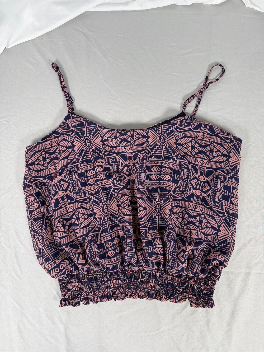 love, Fire Navy and Pink Geometric Smocked Crop Cami